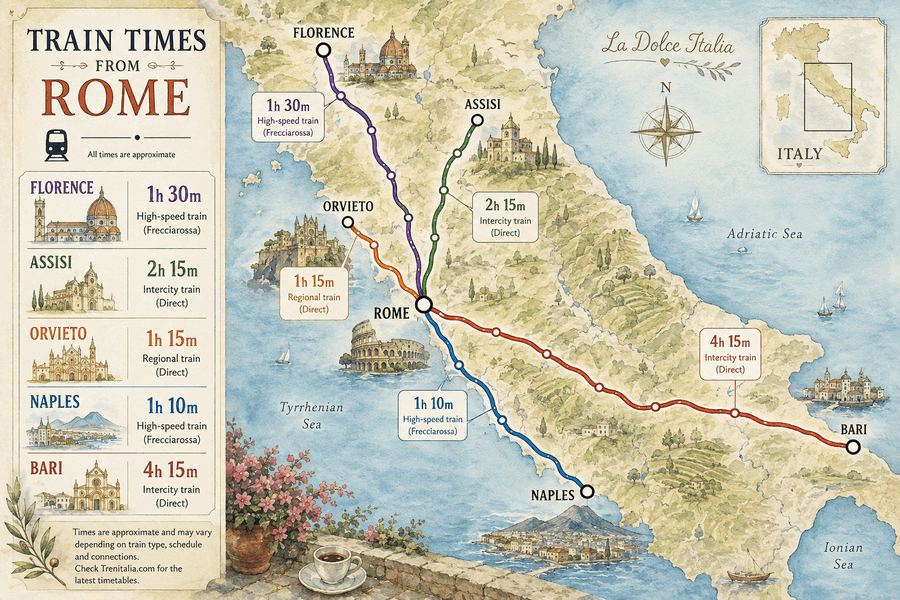 Map of train times from Rome to other cities