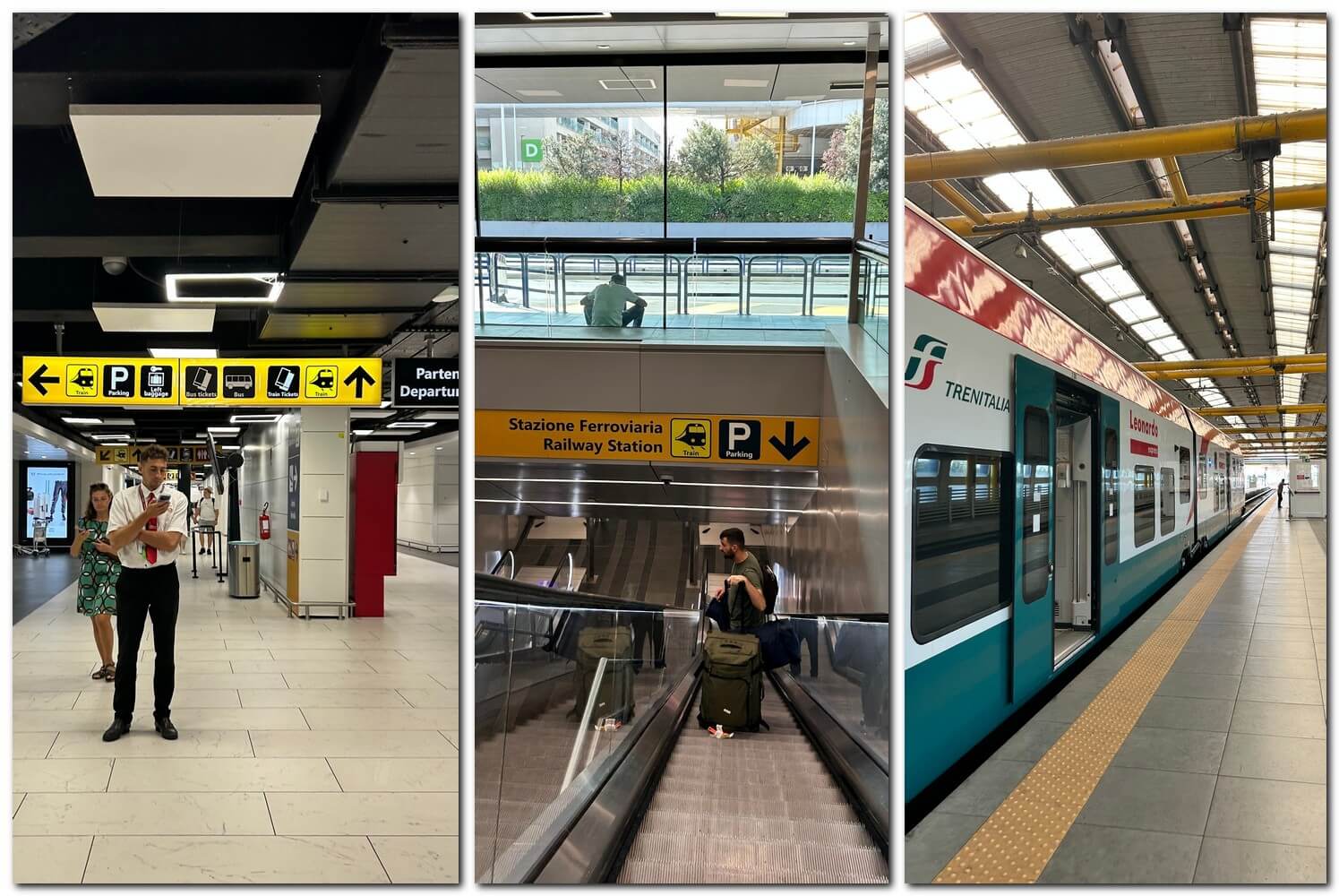 3 photos showing how to get from the Rome Fiumicino airport to the train station